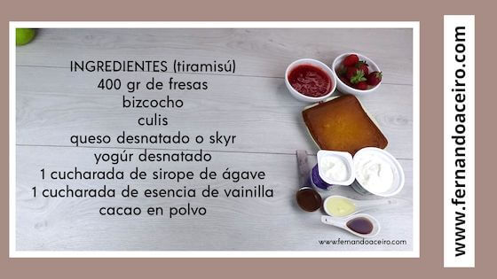 Ingredientes del tiramisú saludable de fresa.